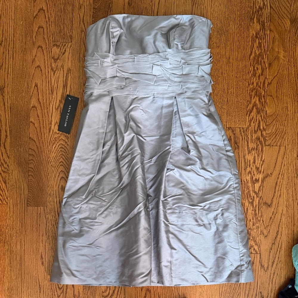 Ann Taylor Strapless Silver Silk Cocktail Dress